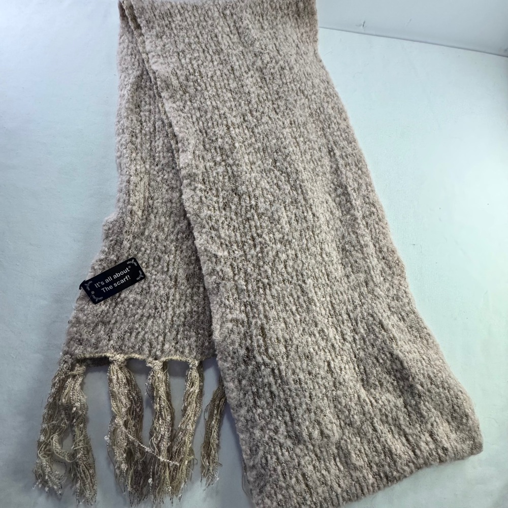 It's All About The Scarf Oatmeal Beige Textured Knit Fringe Scarf Rectangle